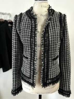GUESS Marciano Wool Tweed Blazer 8 Black White Fringe